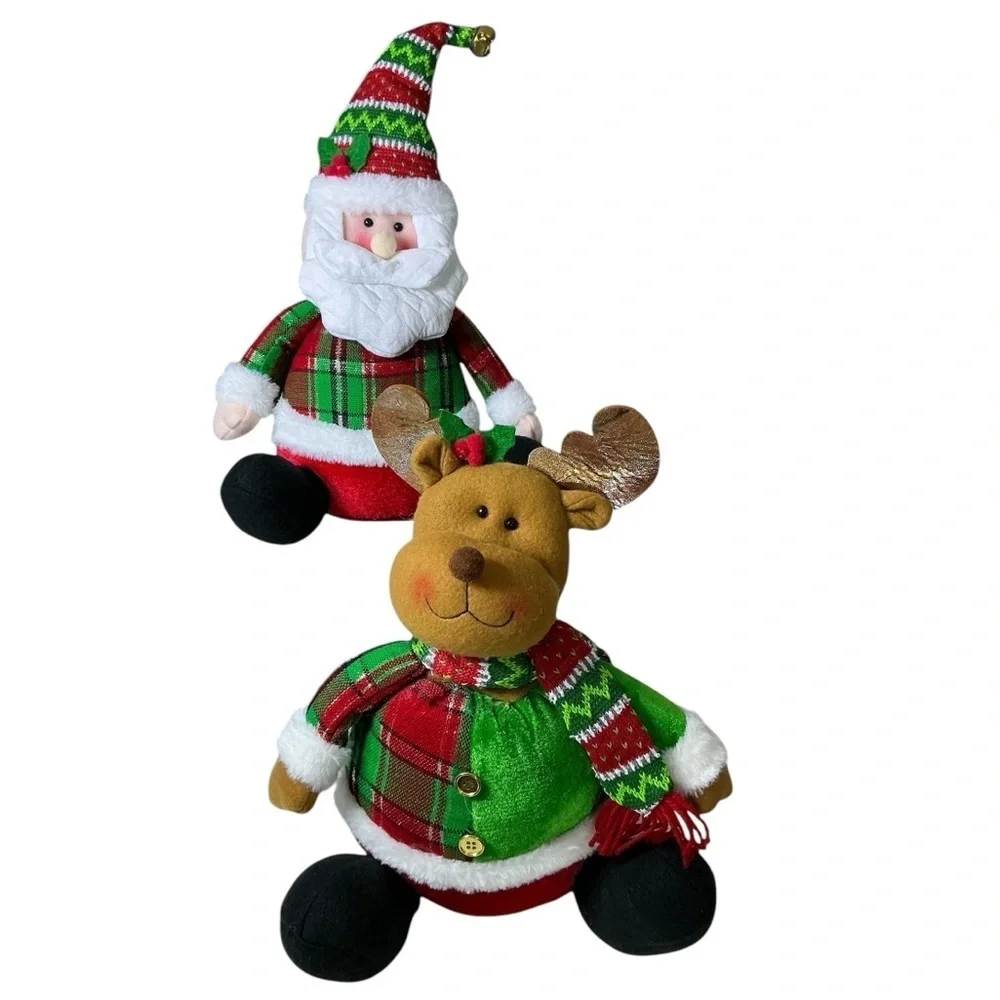 Santa and Reindeer Plush Gnomes Shelf Sitter Christmas Holiday Set Tartan Plaid